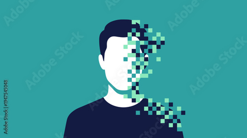 Minimalist Illustration of a Man's Face Dissolving into Pixels, Representing Digital Identity, Data Privacy, and AI Transformation on a Teal Background