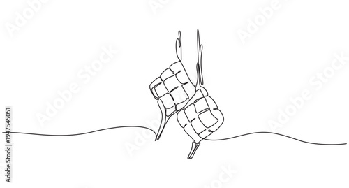 Ketupat continuous line design. Indonesian food design concept for Eid Celebration,Eid Mubarak greeting card, poster and banner design. One continuous line drawing of ketupat,