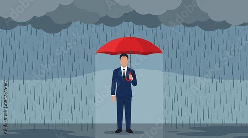 Insurance and Risk Management Concept: Professional Businessman Standing with Red Umbrella under Stormy Sky and Heavy Rain