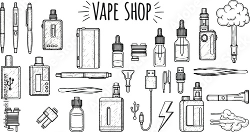 Hand Drawn Vape Shop Icon Set – Vaping Devices, E-Cigarette, Bottles and Accessories Vector Line Art