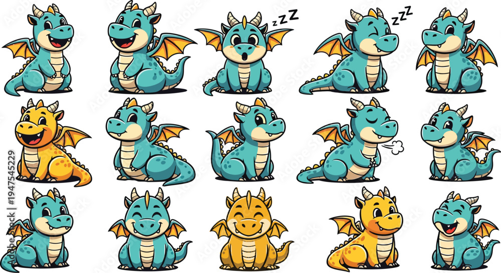 Obraz premium Cute baby dragon character set with various expressions and poses