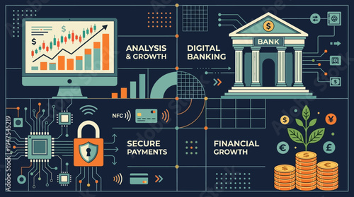 Fintech and Digital Banking Concept Illustration featuring Financial Growth, Secure Payments, Online Trading Analysis, and Cyber Security Infographic