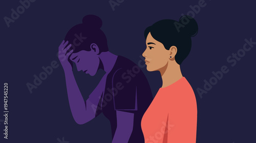 Conceptual Illustration of Mental Health, Depression, and Hidden Sadness with a Woman and Her Inner Distressed Shadow Silhouette