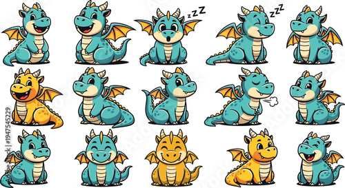 Cute baby dragon character set with various expressions and poses