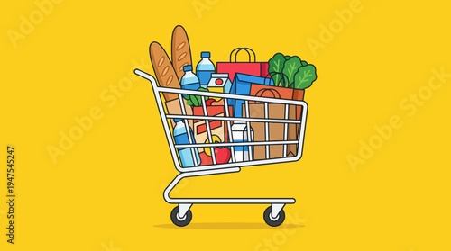Vector Illustration of a Full Shopping Cart with Groceries and Paper Bags on a Bright Yellow Background