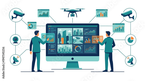 Smart City Surveillance and Monitoring Dashboard Concept with Security Professionals Analyzing Real-Time Data from CCTV Cameras, Drones, and Network Systems Vector Illustration