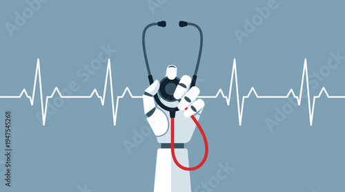 AI in Healthcare Concept: Robotic Hand Holding Stethoscope with Heartbeat ECG Line - Future of Medical Technology and Automation