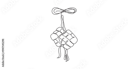 Ketupat continuous line design. Indonesian food design concept for Eid Celebration,Eid Mubarak greeting card, poster and banner design. One continuous line drawing of ketupat,