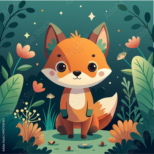 Charming vector illustration of a cute animal character standing in a small nature environment