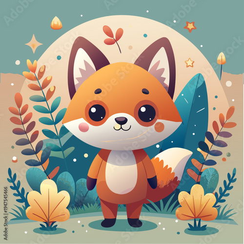 Charming vector illustration of a cute animal character standing in a small nature environment