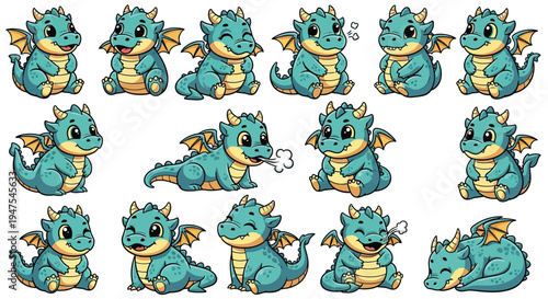 Set of cute baby blue dragon stickers in different poses