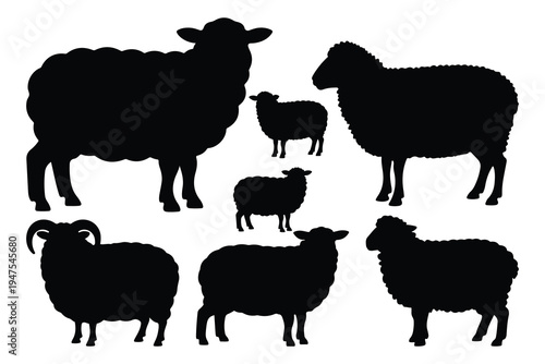 Black silhouettes of sheep and lambs on white background