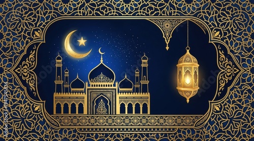 Islamic Mosque at Night with Lantern.