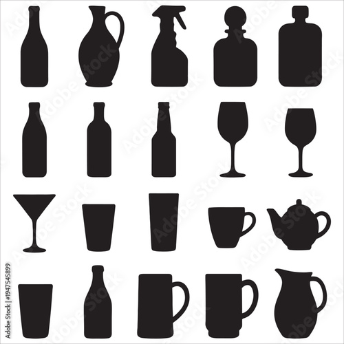 Glass Bottle Silhouettes and Kitchen Drinkware Vessel Vector Set