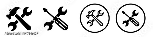 Representing tools like hammer, wrench, and screwdriver, in both solid and outline styles, some within circles. Ideal for construction and repair themes.