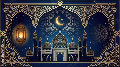 Mosque at Night with Lanterns Stars.