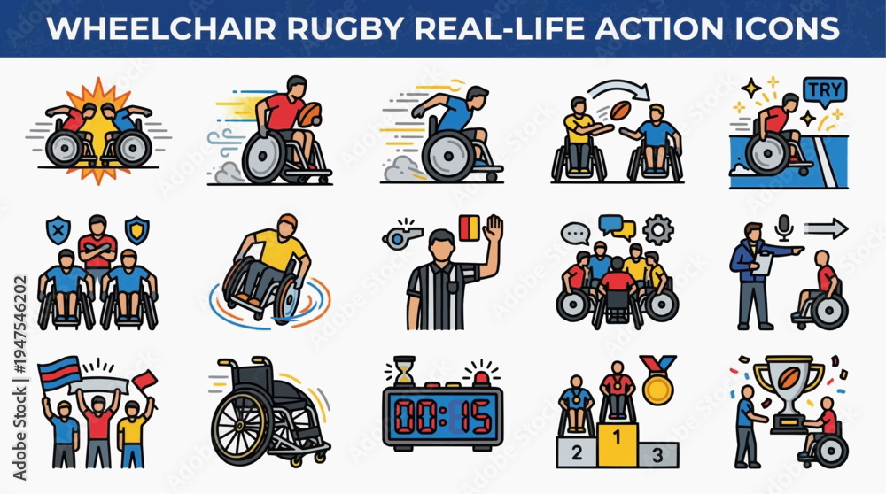 Naklejka premium Wheelchair Rugby Real-Life Action Icons Set - A Vector Collection for Sports and Adaptive Athletics Enthusiasts