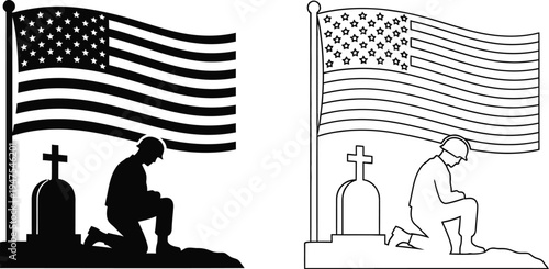 Patriotic memorial silhouette and line art american flag Vector