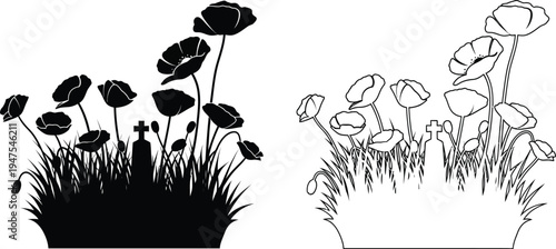 Mushroom and grass silhouette and line art Vector
