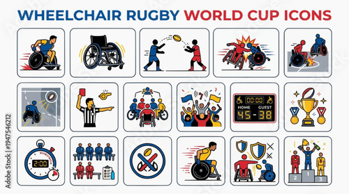 Comprehensive vector icon set depicting dynamic wheelchair rugby action, team competition, and various sports elements, perfect for illustrating the intensity of a championship event