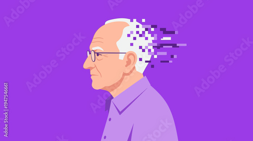 Elderly Man Profile with Pixelated Head Representing Memory Loss, Dementia, and Cognitive Decline Illustration