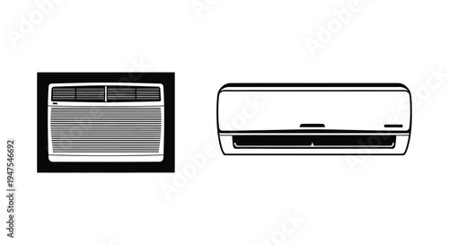 Two air conditioning units are displayed in a stark black and white graphic silhouette high quality