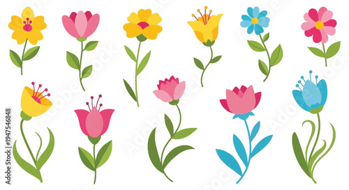 A colorful arrangement of various stylized flowers against a white background silhouette high quality professional detailed