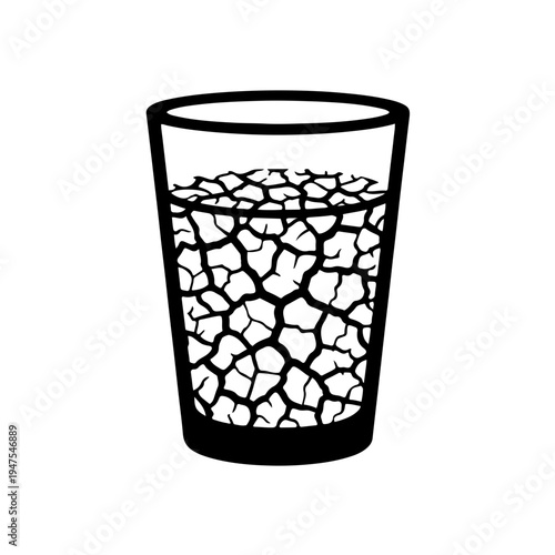 Drinking glass silhouette filled with dry cracked earth pattern, black and white icon representing extreme drought and water scarcity