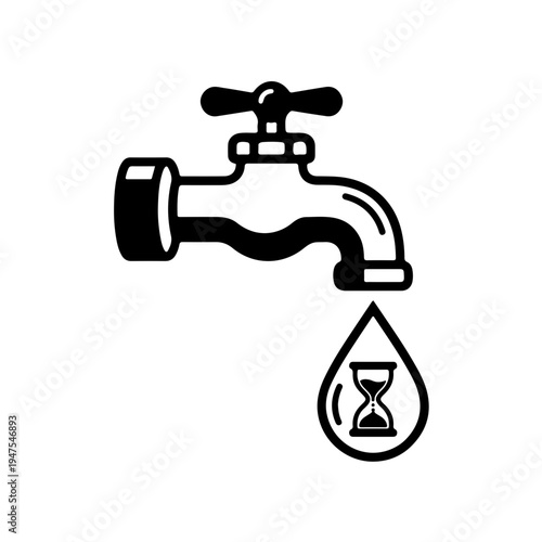 Water faucet with a final droplet containing a clock face, black and white icon symbolizing water scarcity and time running out