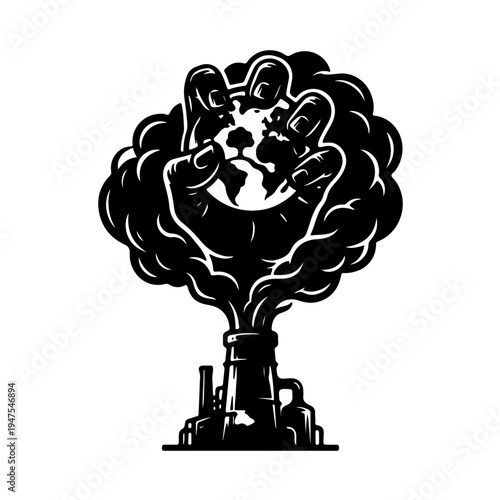 Industrial chimney smoke forming a hand choking a tree, conceptual black and white icon representing air pollution and climate change