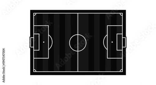 An aerial view depicts a soccer field with defined lines in a stark silhouette high quality