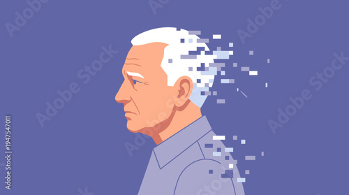 Conceptual Illustration of a Senior Man with a Disintegrating Head Representing Dementia, Alzheimer's, and Memory Loss