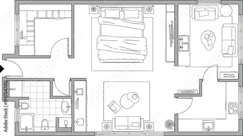 Modern apartment floor plan top view with bedroom, living room, kitchen, bathroom and furniture layout detailed architectural interior blueprint residential design illustration.