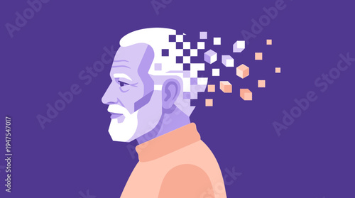 Senior Man Profile with Pixelated Head Symbolizing Alzheimer's, Dementia and Memory Loss Illustration