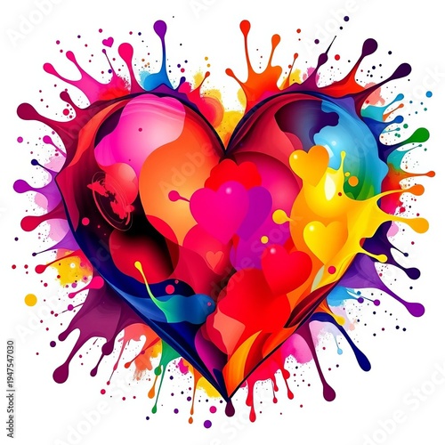 Abstract, vibrant heart made of colorful splashes, symbolizing creativity and passion,  celebration,  energy