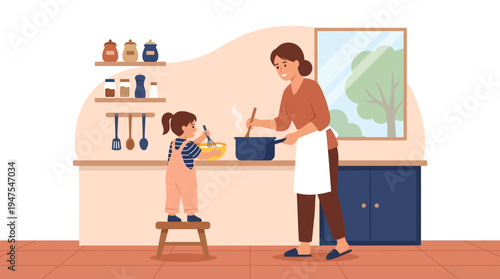 Mother and Little Daughter Cooking Together in the Kitchen, Family Quality Time at Home Preparing Food, Flat Vector Illustration of Parent Teaching Child to Cook