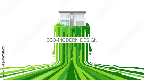 Eco-Modern Sustainable Architecture Concept with Minimalist White Villa on Green Liquid Foundation, Vector Illustration