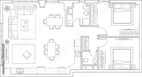 Modern two bedroom apartment floor plan top view with living room, dining area, kitchen, bathroom and furniture layout detailed architectural interior blueprint illustration.