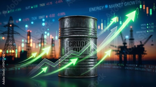 Barrel of crude oil in foreground with luminous upward financial graph rising into the horizon, representing increasing global oil prices and energy market expansion