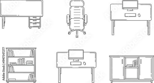 Office furniture collection with desk, computer workstation, chair, bookshelf and cabinet minimal line interior design elements for workspace layout and architectural illustration.