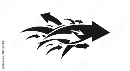 Dynamic black arrows burst forth in a stylized design creating a sense of motion silhouette