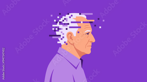 Abstract Illustration of an Elderly Man with a Pixelated Head Symbolizing Memory Loss, Dementia, and Alzheimer's Disease on a Purple Background