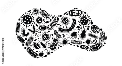 A striking black and white illustration depicting various microorganisms in an abstract shape silhouette high quality