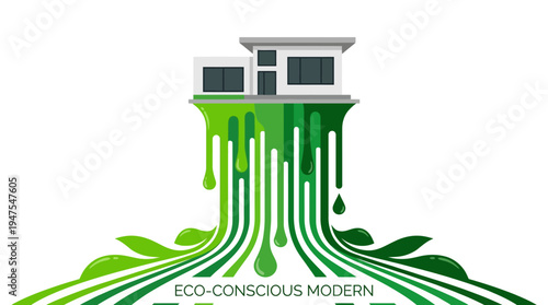 Modern Eco-Conscious Home Illustration with Green Paint Drips and Leaves - Sustainable Architecture, Green Living, and Environmental Friendly Building Design Concept