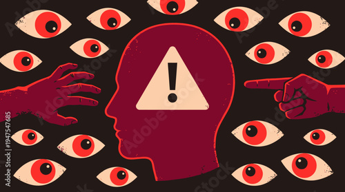 Conceptual Illustration of Social Anxiety, Paranoia, and Public Scrutiny with Watchful Eyes and Warning Symbol over a Human Profile