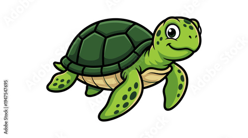 Cute Cartoon Sea Turtle Illustration Isolated on White Background - Friendly Green Marine Animal Character Design