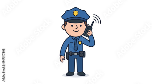 Cartoon illustration of police officer in uniform using walkie talkie