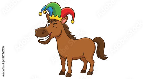 Horse wearing jester hat smiles with playful expression