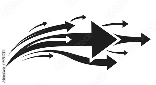 Dynamic arrangement of black arrows in motion creating a sense of forward momentum silhouette