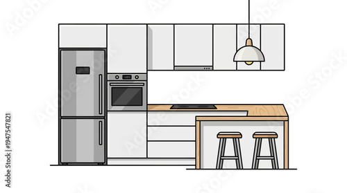 A cartoon style kitchen with modern appliances and clean design